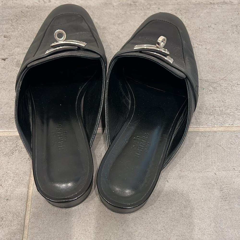 Hermes Black Leather Mules with Silver Buckle - Picture 5 of 7